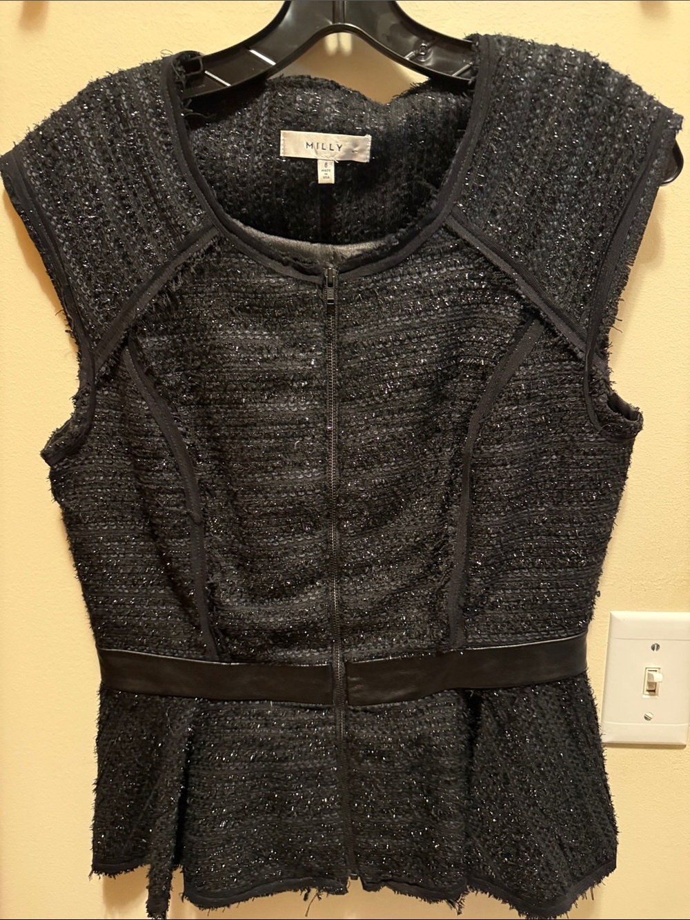 Milly Black Metallic Tweed Peplum Top